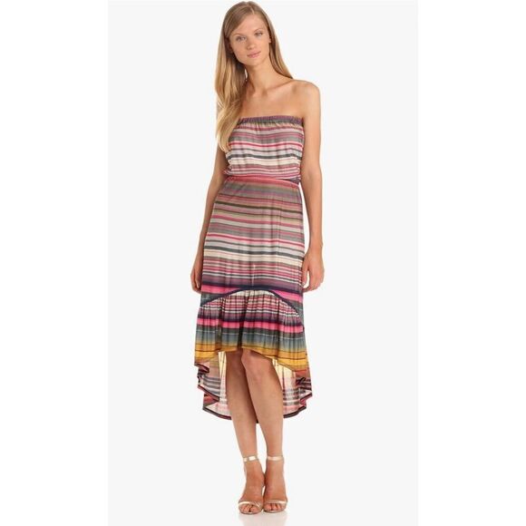 LAmade Strapless Bandeau Striped Dress High low Flounce Hem L Boho - Picture 2 of 8